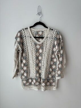 Vintage Crochet Cardigan Boho Knit Sweater Neutral Cottagecore Oversized